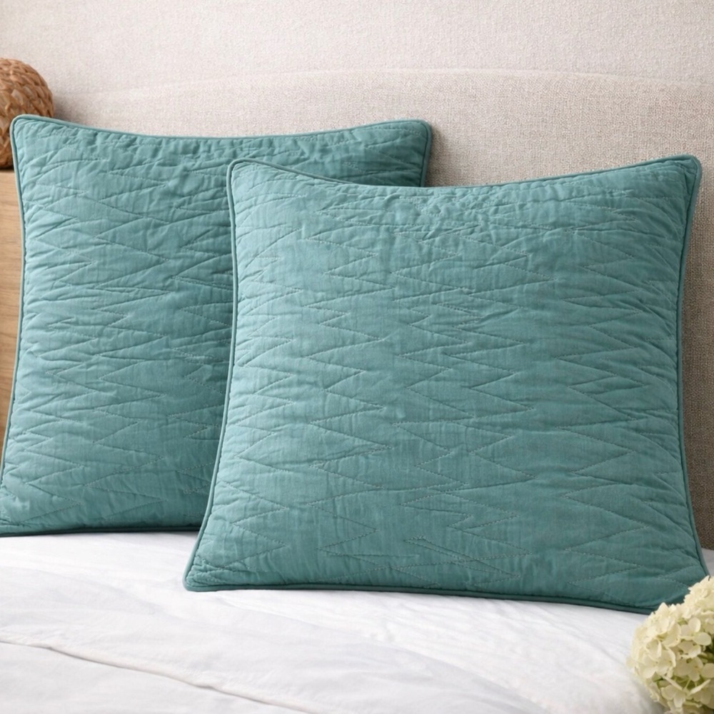 2 Michael Amini Designer Pillow Shams Teal Green 100% Cotton Euro 26 x 26